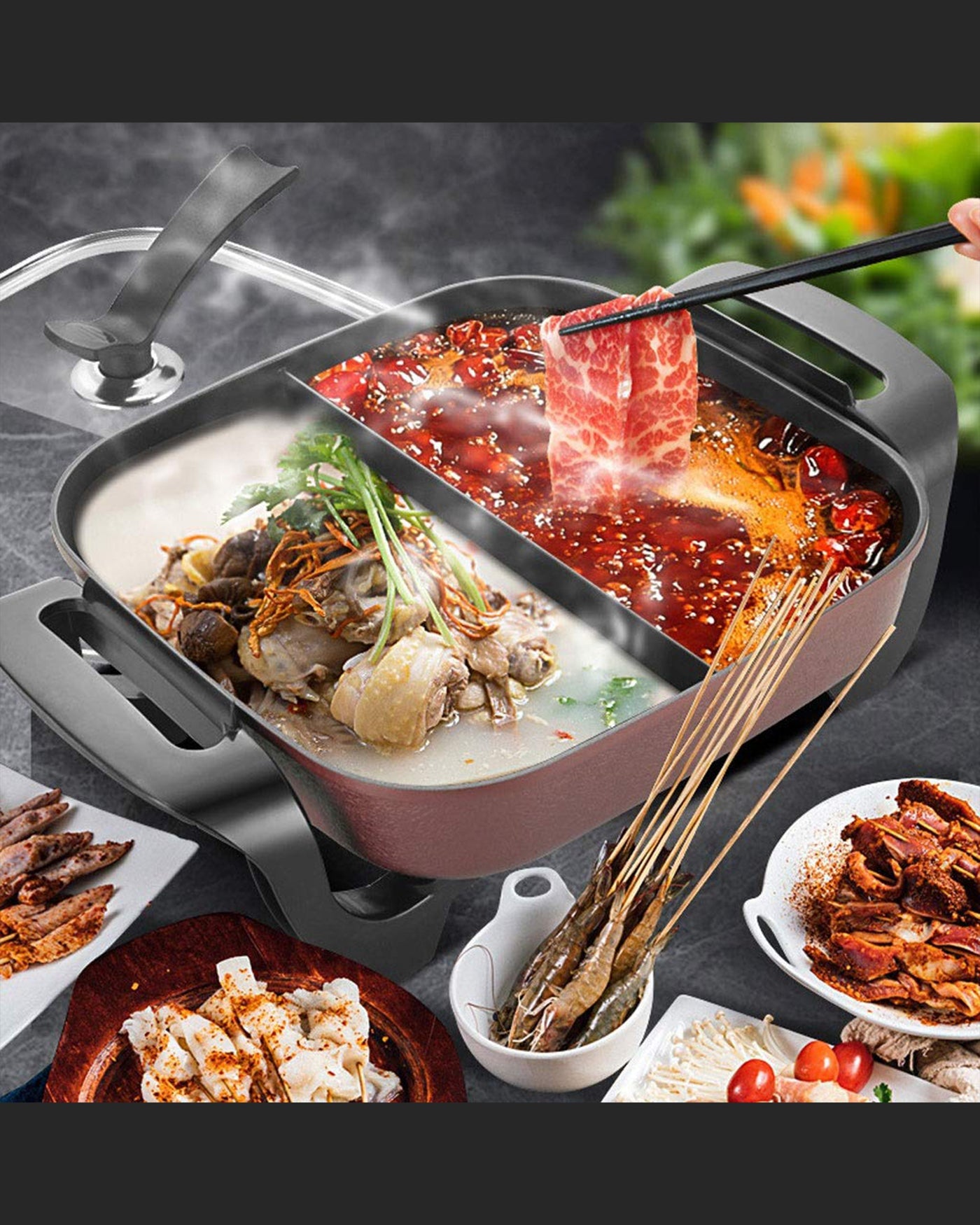 Non-stick electric skillet with 2 portion cooking design