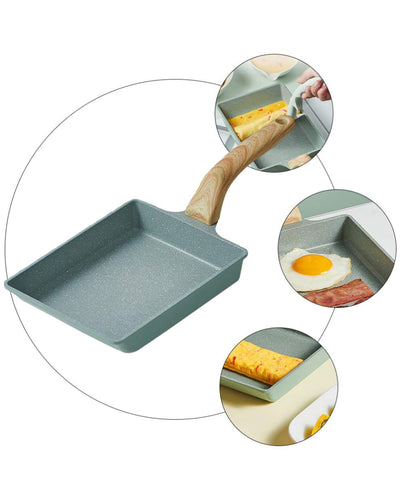 Non-stick stone square flat frying pan with wooden handle